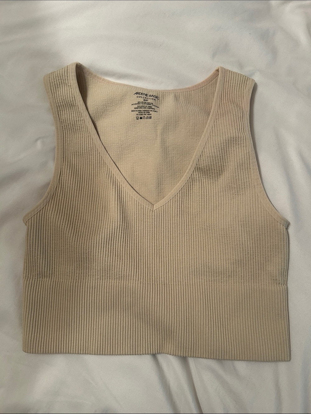 Ardene Ribbed V-Neck Cropped Tank Top - Beige